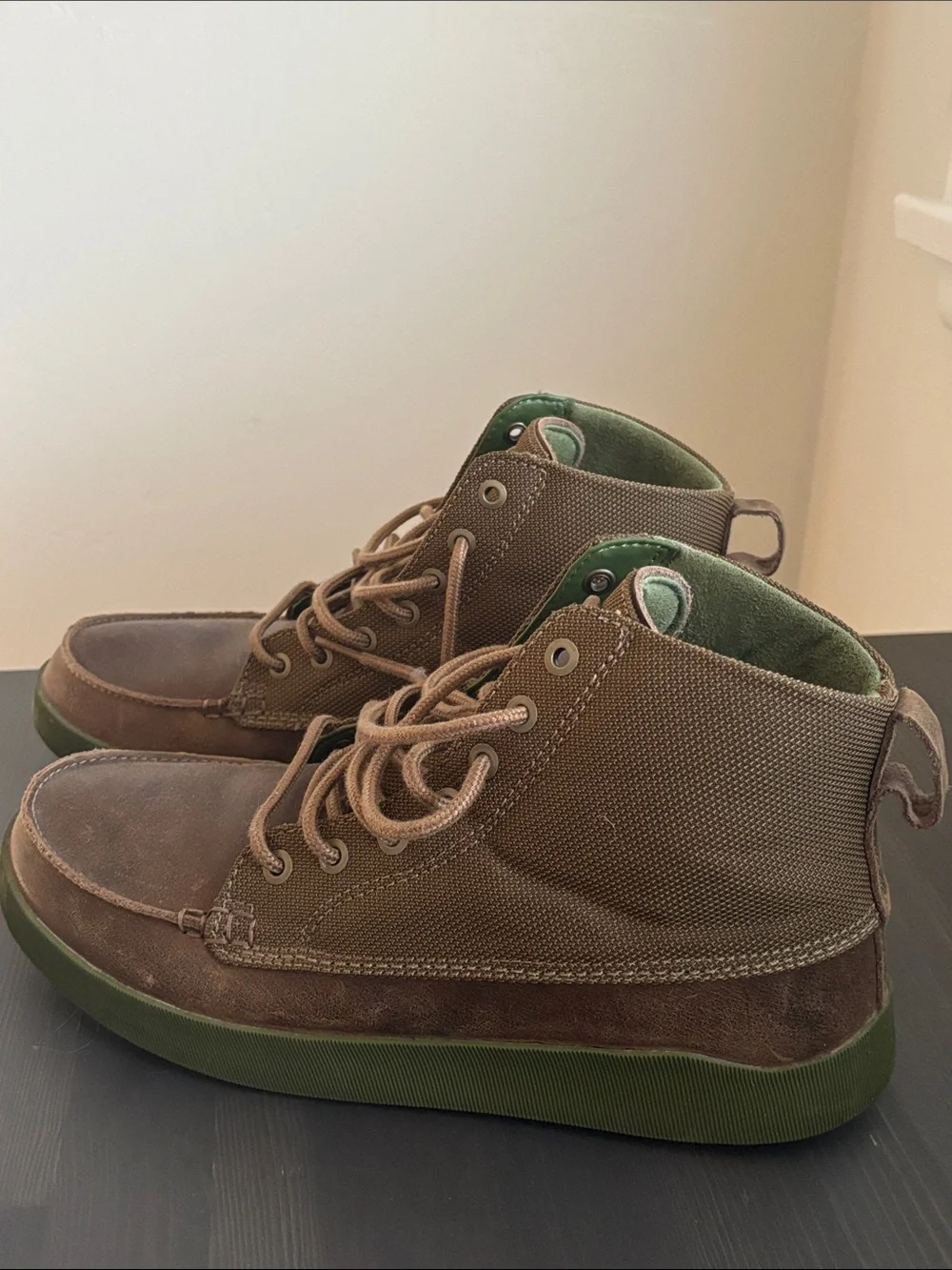 OluKai Men's Brown Leather Chukka Boots with Green Soles